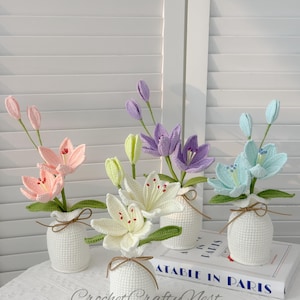 Crochet Lily Flower  Crochet flowers Crochet Lily Flower Bouquet in Vase  housewarming gift desk decoration gift for her Mother&#39;s Day Gifts