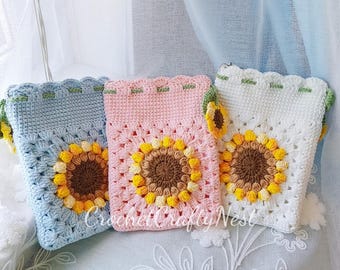 Sunflower Crochet Bag, Custom Sunflower Granny Square Bag, Birthday GiftCrochet Tote Bag, Crossbody Bag, Pouch, Sunflower Gift for College