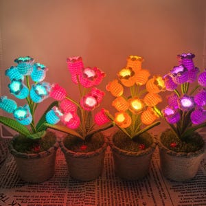May include: Four decorative crochet flower arrangements in pots. Each pot contains a different color of flower: blue, pink, orange, and purple. The flowers are lit with internal lights, creating a soft glow. The pots are wrapped in twine.