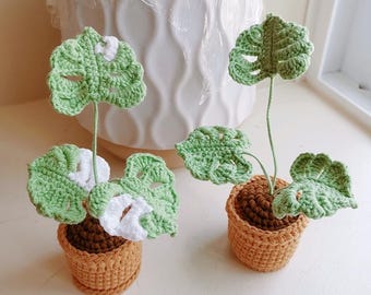 May include: Two crocheted potted plants with green leaves. The plants are in brown pots with a textured surface. The leaves are a light green color and have a white center.