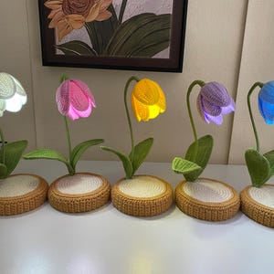 May include: Five crochet flower lamps in white, pink, yellow, purple, and blue. Each lamp has a glowing flower head, green leaves, and a round, tan base. The lamps are decorative and provide soft lighting.