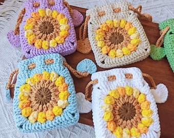 Sunflower Crochet Bag, Custom Sunflower Granny Square Bag, Crochet coin purse, gift, girlfriend gift AirPods  Case Birthday Gift