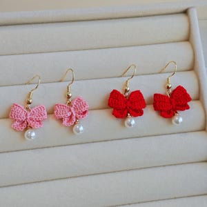 Crochet Bow Pearl Earrings Handmade micro crochet Earrings, lemon Earrings, Crochet Earrings, gift for her |Mother&#39;s Day gift,birthday gift