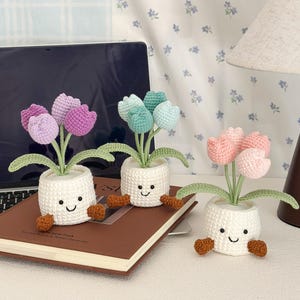 Peut inclure: Trois plantes de tulipes au crochet dans des pots blancs avec des visages souriants et des pieds bruns. Les tulipes sont dans des tons de rose, de violet et de sarcelle. Les plantes sont posées sur un livre marron et un bureau avec un ordinateur portable.