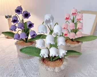 Crochet flowers Crochet Flower in Pot, Crochet Flower Plant, Desk Decor, Crochet Lily of the Valley, Gift for her, Birthday gift