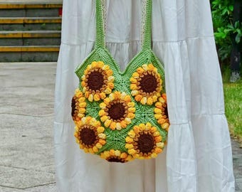 かぎ針編みトートバッグ、ひまわりのかぎ針編みバッグ、カスタム