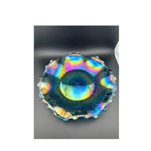 Vintage Indiana Carnival Glass Hostess Plate Iridescent Blue Ruffled
