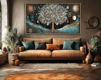 Stor oljemålning med livets träd, handmålad mystisk duk, överdimensionerad kosmisk väggkonst för vardagsrum