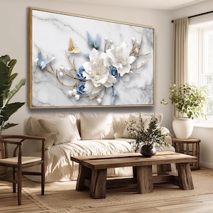 Three dimensional floral decoration painting, white peony and blue rose art hanging painting suitable for living room, bedroom, dining room
