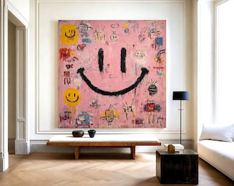 Pink Smiley Face Abstract Oil Painting, Large Hand-Painted Neo-Expressionist Graffiti, Colorful Textured Street Art for Living Room Wall