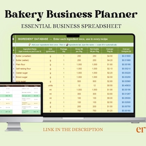 May include: A digital Bakery Business Planner spreadsheet displayed on a laptop and a monitor. The screen shows an ingredient database with columns for ingredient name, unit, package quantity, gross weight, net usable weight, and cost per unit.
