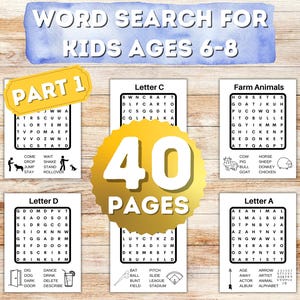 Caça-palavras para crianças, parte 1, idades de 6 a 8 anos, quebra-cabeças divertidos e educativos, 40 páginas de atividades para download para construção e desenvolvimento de vocabulário