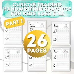 Prática de caligrafia cursiva para idades de 8 a 12 anos, parte 1, 26 páginas educacionais digitais para download para habilidades de escrita cursiva e confiança