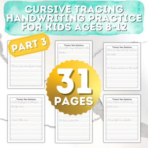 Prática de caligrafia cursiva para idades de 8 a 12 anos, parte 3, 31 páginas educacionais digitais para download para habilidades de escrita cursiva e confiança