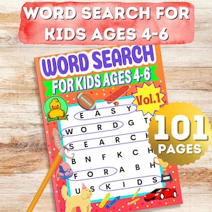 Puede incluir: Un libro de búsqueda de palabras colorido para niños de 4 a 6 años, con el texto "WORD SEARCH FOR KIDS AGES 4-6" y "Vol.1". El libro tiene 101 páginas y presenta ilustraciones de un pato, un balón de fútbol, un monopatín y un coche rojo.