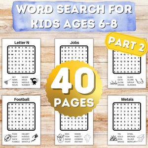 May include: A set of 40 printable word search puzzles for kids ages 6-8. The puzzles are divided into four categories: Letter N, Jobs, Football, and Metals. Each puzzle has a list of words to find within a grid of letters. The puzzles are black and white and have a yellow background.