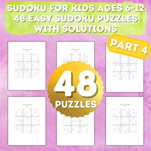 Sudoku para crianças de 6 a 12 anos, Vol. 5 - Parte 4:48. Quebra-cabeças fáceis com instruções e soluções. Páginas para download para resolução de problemas divertida e sem telas.