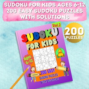 May include: A purple and pink book with the title "Sudoku for Kids" and the text "200 Easy Sudoku Puzzles with Solutions". The book cover features a cartoon duck and a child holding a pencil.