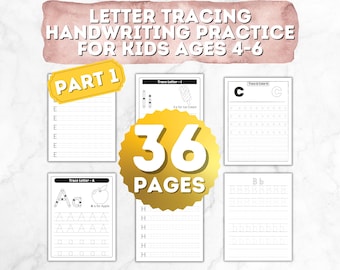 May include: A set of 36 printable worksheets for kids ages 4-6 to practice letter tracing and handwriting. The worksheets feature uppercase and lowercase letters, with lines for tracing and space for practice. The worksheets also include a picture and a word for each letter.
