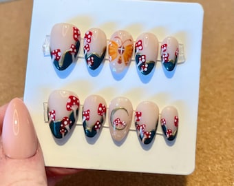 Mushroom Nails, Cottagecore Nails, Press On Nails