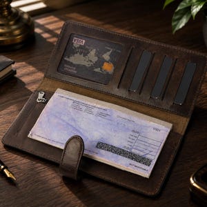 May include: A dark brown leather checkbook cover featuring a clear ID window, multiple vertical card slots, and a zippered compartment. The interior holds a checkbook with a light purple patterned background and the printed text 1001.