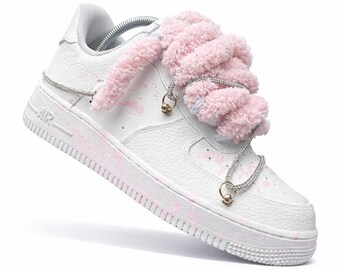 Custom Air Force 1 Pink Fluffy Sneakers | Hand Painted Cute Aesthetic Shoes | Soft Girl AF1 | Luxury Custom Streetwear Kicks