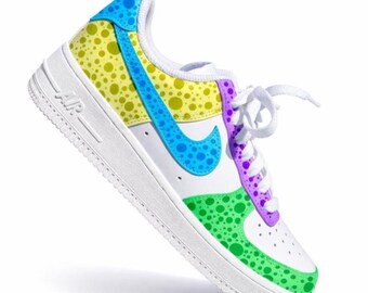 Custom Air Force 1 kleurrijke bubbelsneakers | Handgeschilderde pop-artschoenen | Heldere abstracte AF1 | Leuke custom streetwear-kicks