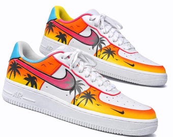 Custom Air Force 1 Sunset Palm Tree Sneakers | Hand Painted Tropical Beach Shoes | Summer Vacation AF1 | Bright Streetwear Kicks