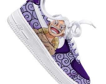 Custom Air Force 1 Gear 5 | Custom Anime Sneakers | Handgemaakte One Piece Schoenen | Paarse, op manga geïnspireerde AF1 | Custom Schoenen voor Heren & Dames