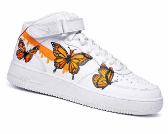 Custom Air Force 1 Butterfly Sneakers | Hand Painted Orange Monarch Shoes | Drip Effect AF1 | Cute Aesthetic Streetwear Kicks
