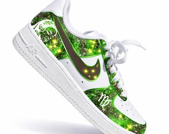 Maagd Custom Air Force 1 | Zodiac AF1-sneakers | Gepersonaliseerde astrologieschoenen | Groene Galaxy Custom Kicks | Verjaardagscadeau