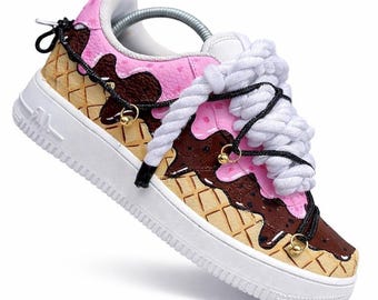 Custom Air Force 1 Ice Cream Sneakers | Hand Painted Dessert Shoes | Chocolate Strawberry Drip AF1 | Fun Custom Kicks