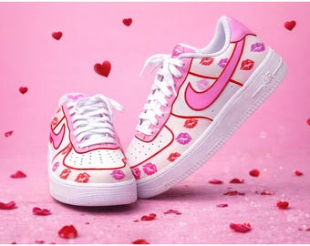 Custom Air Force 1 Lip Print Sneakers | Hand Painted Pink Love Shoes | Kiss Design AF1 | Valentines Day Custom Kicks