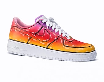 Custom Air Force 1 zonsonderganggradiënt-sneakers | Handgeschilderde schoenen in cartoonstijl | Fel oranjeroze AF1 | Streetwear-schoenen