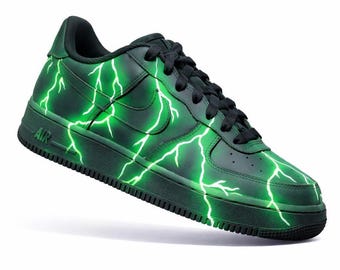 Green Lightning Custom Air Force 1 | Glow Effect AF1 | Black & Neon Electric Shoes | Hand Painted Nike Sneakers | Custom Streetwear Shoes