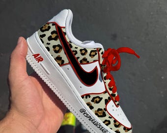 Custom Leopard Air Force 1 | Red Trim Hand-Painted Nike AF1 | Custom Sneakers