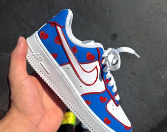 Custom Air Force 1 Heart Sneakers | Hand Painted Red Blue Love Shoes | Broken Heart AF1 | Cute Streetwear Custom Kicks
