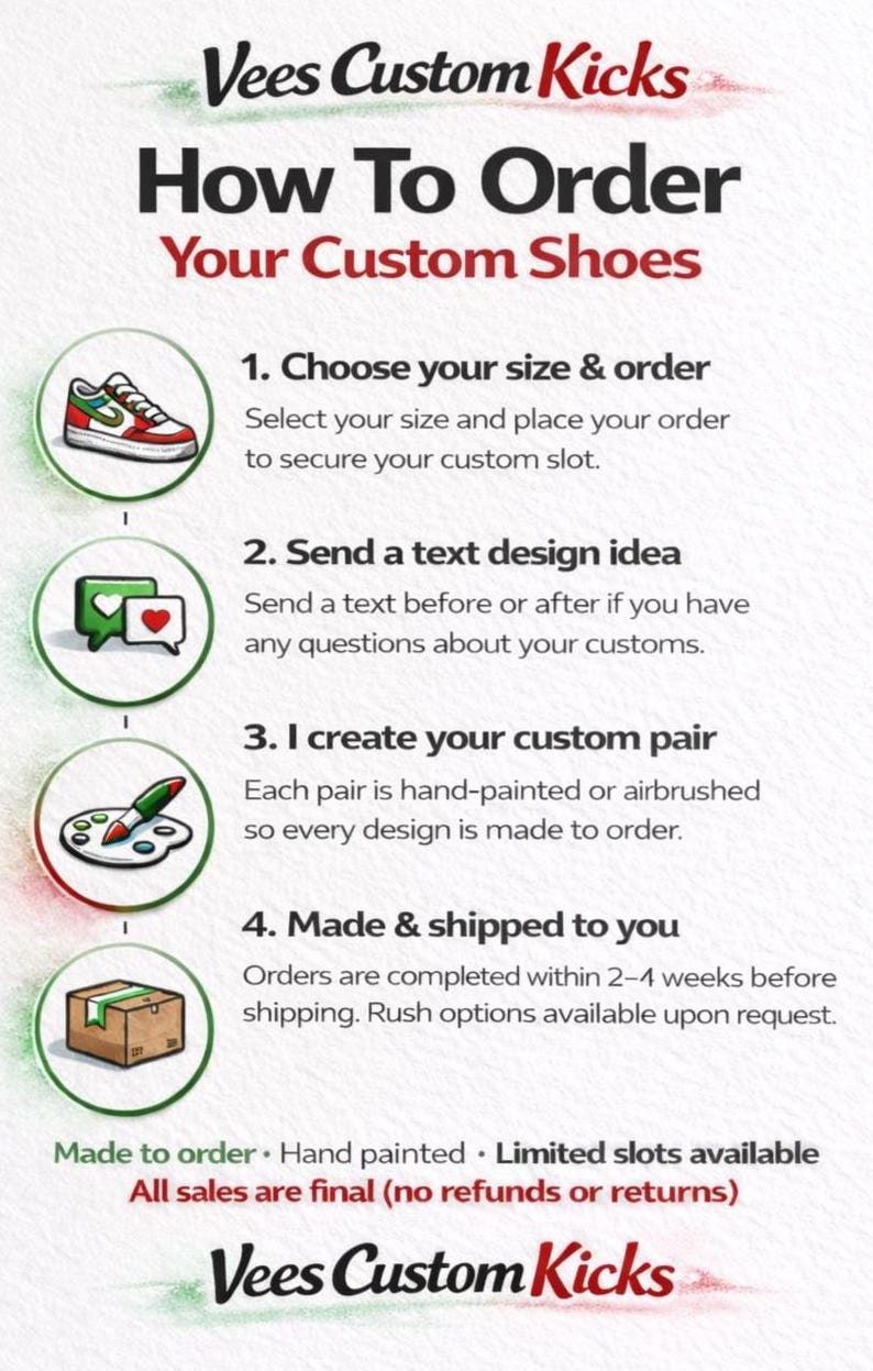 May include: Graphic showing the process to order custom shoes from Vees Custom Kicks. Steps include choosing size, sending design ideas, hand-painting, and shipping. Text states shoes are made to order.