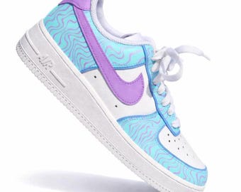 Custom Air Force 1 pastelkleurige golfsneakers | Handgeschilderde paarsblauwe schoenen | Esthetisch AF1 | Schattige, minimalistische streetwear-schoenen
