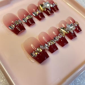 Handmade Square French Tip Press On Nails with Rhinestone Nail Art
