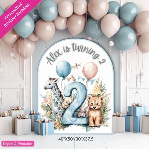 Personalised/Editable 2nd Birthday backdrop, Cute Animals Card, Gift For Her/Him, Personalised Date, Pastel Neutral Colors,welcome board