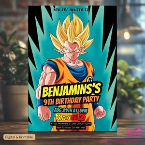Convite de aniversário digital personalizado do Dra. GoNB Z, convite para festa do Goku, convite de mangá, super-herói, convite de anime japonês, artes marciais