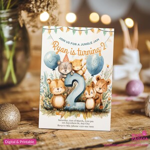 Personalisierte / bearbeitbare 2. Geburtstagskarte, süße Tierkarte, Geschenk für sie / ihn, personalisiertes Datum, neutrale Pastellfarben,