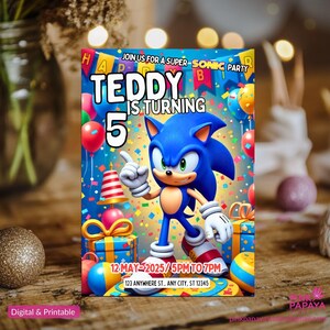 Faire-part d'anniversaire Sonic, Super Hedgehog Boys Party inviter, Faire-part de fête Super Sonic, modèle d'invitation Sonic modifiable, modèle Canva