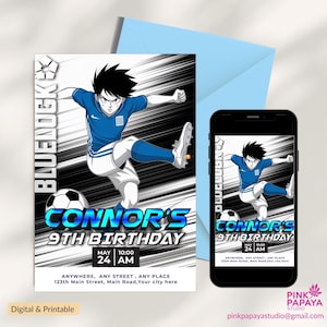 Convite de aniversário Manga Madness | Edição Bluelock com Nagi, Bachira e Isagi, convite para festa, convite de feliz aniversário, convite eletrônico,