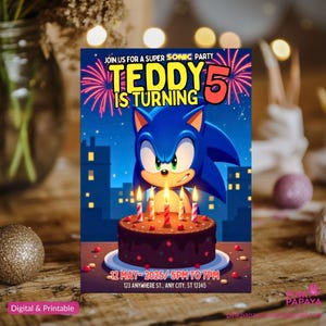 Faire-part d'anniversaire Sonic, Super Hedgehog Boys Party inviter, Faire-part de fête Super Sonic, modèle d'invitation Sonic modifiable, modèle Canva