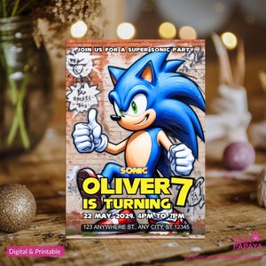 Faire-part d'anniversaire Sonic, Super Hedgehog Boys Party inviter, Faire-part de fête Super Sonic, modèle d'invitation Sonic modifiable, modèle Canva