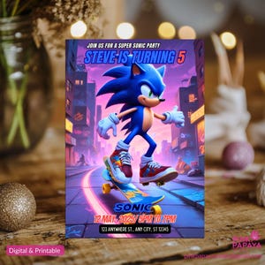 Faire-part d'anniversaire Sonic, Super Hedgehog Boys Party inviter, Faire-part de fête Super Sonic, modèle d'invitation Sonic modifiable, modèle Canva