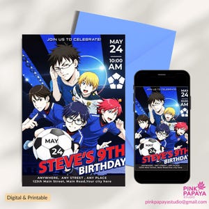Convite de aniversário Manga Madness | Edição Bluelock com Nagi, Bachira e Isagi, convite para festa, convite de feliz aniversário, convite eletrônico,