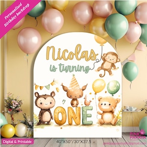 Personalisierte / bearbeitbare 2. Geburtstag Kulisse, süße Tiere Karte, Geschenk für sie / ihn, personalisierte Datum, neutrale Pastellfarben, Willkommensbrett